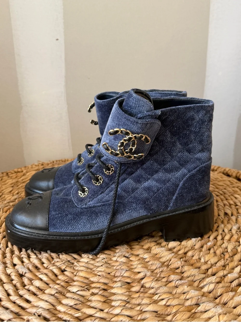 CHANEL Navy Quilted Denim Lace-Up Ankle Boots with Gold Chain CC